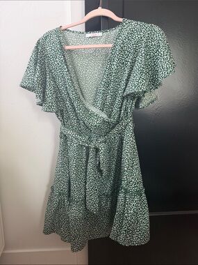 Green Printed mini Wrap Dress with Tie Waist